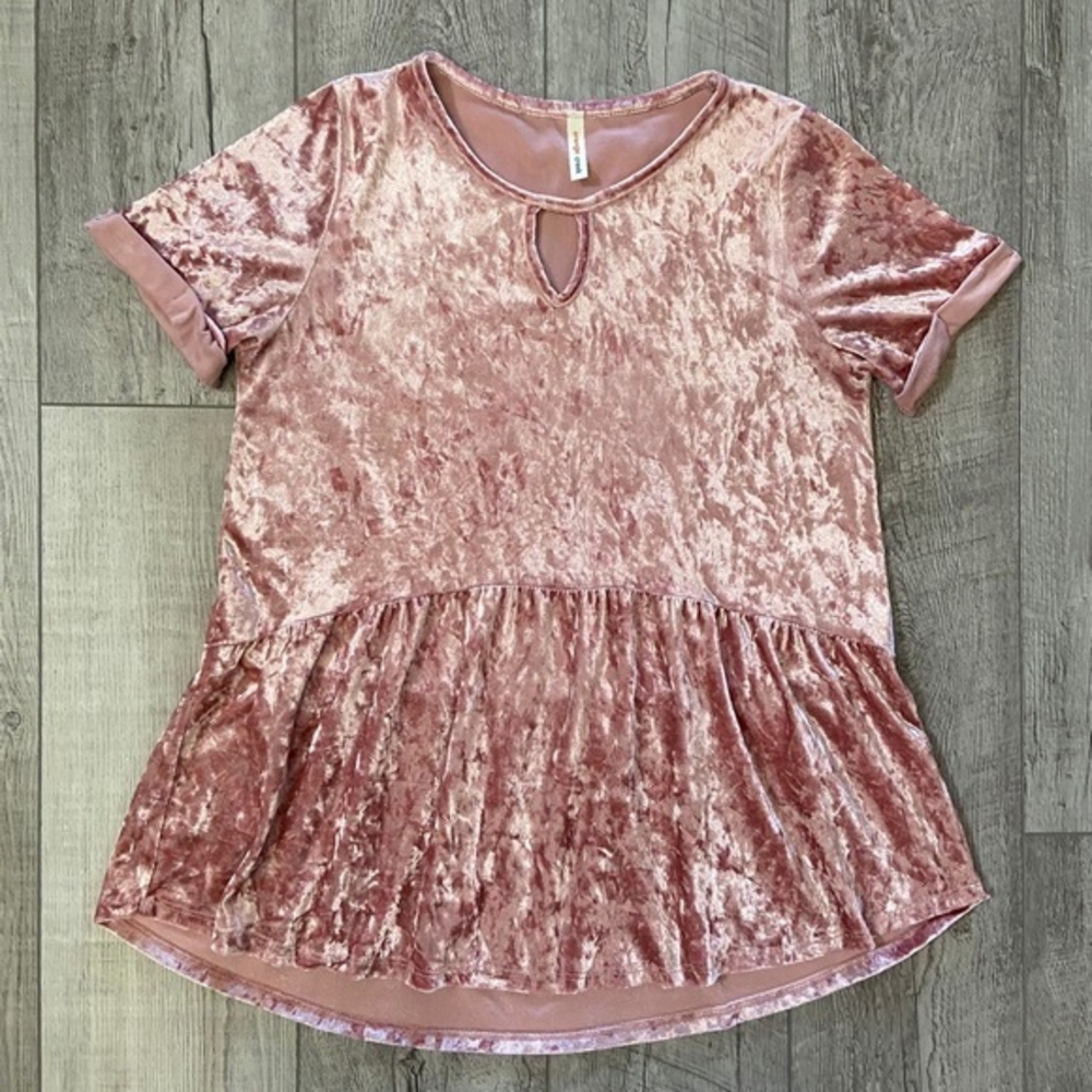 Orange‎ Creek Medium Crushed Velvet Peplum Short Sleeve Blouse Pink